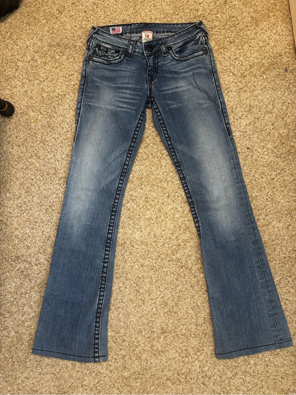 True Religion Navy Blue Flare Jeans Black Stitching